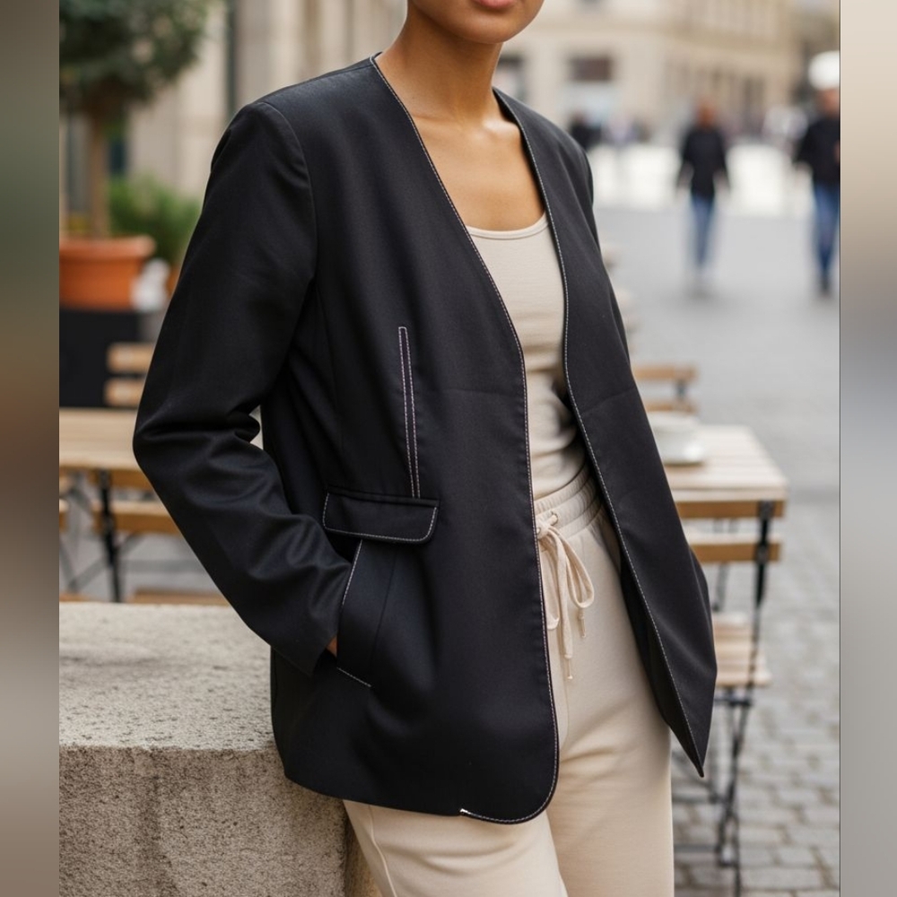 EUC Class Made In Italy Size 46 (US 10) Black Open Front Blazer With White Lines